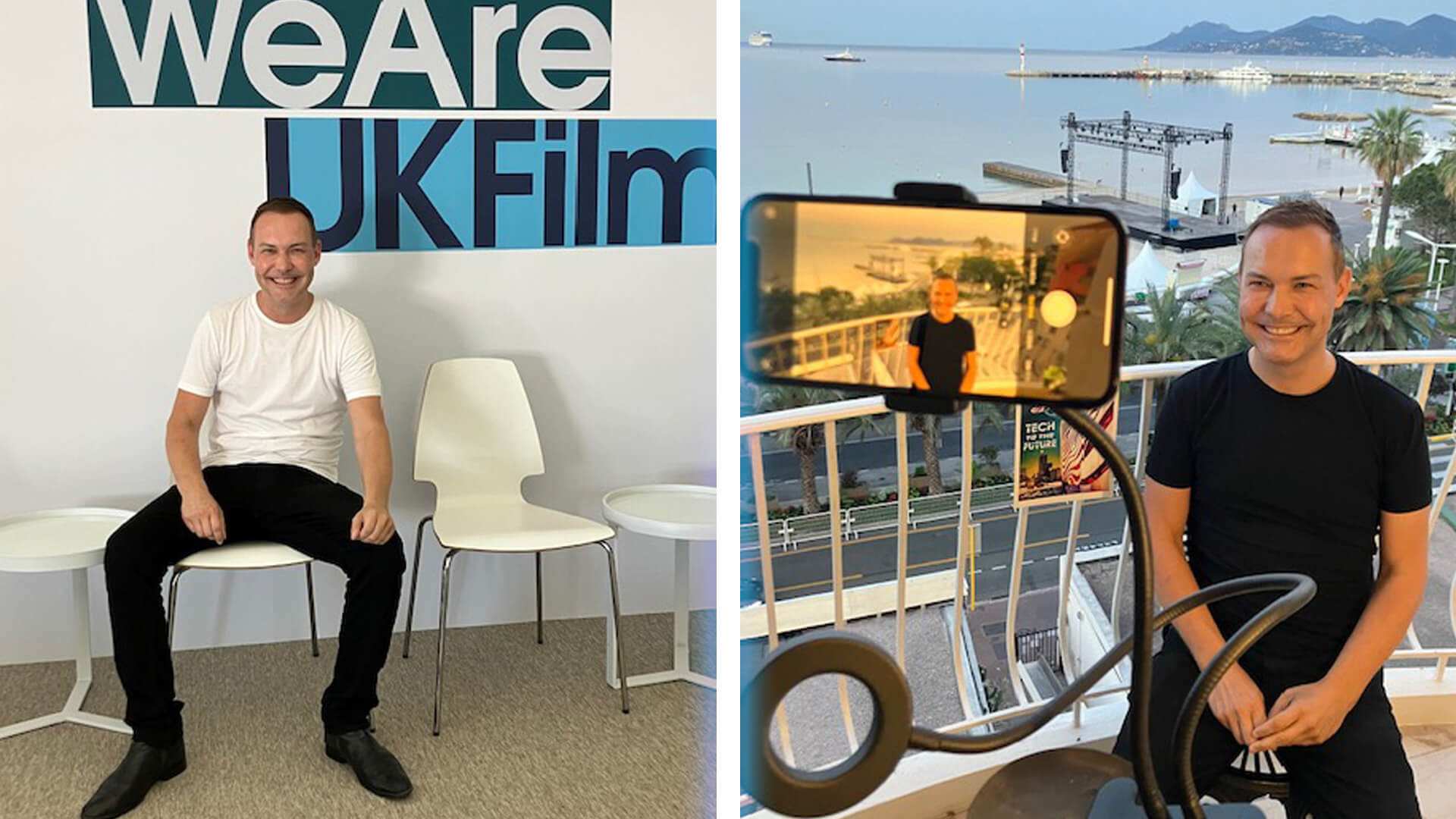 Two photographs: a man sits in front of a We Are UK Film sign, and a man is filmed on a phone on a balcony above a harbour.