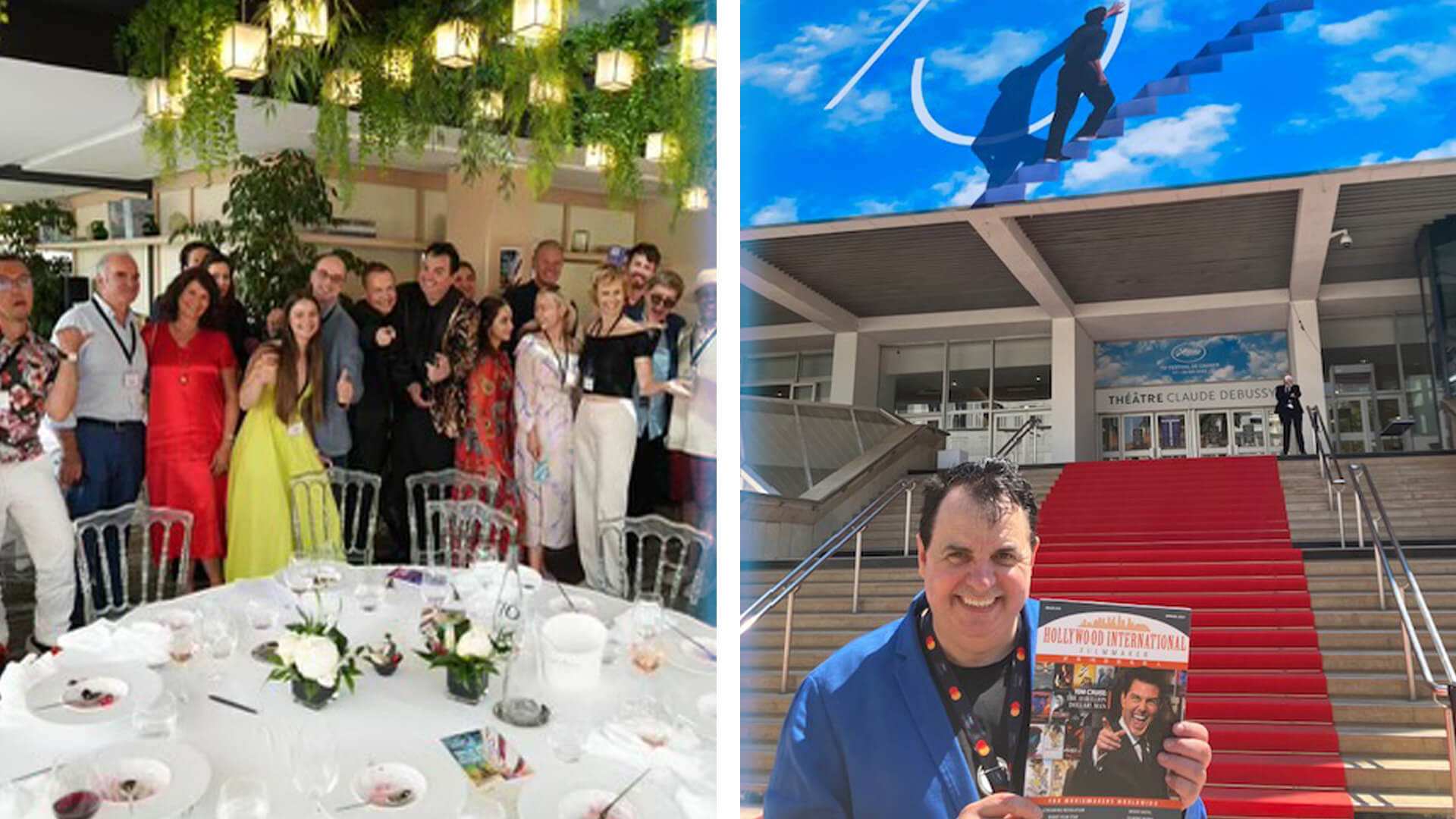 Two photographs: a group poses at a reception under hanging lights, and a man holds up a magazine at the foot of a red-carpeted staircase.