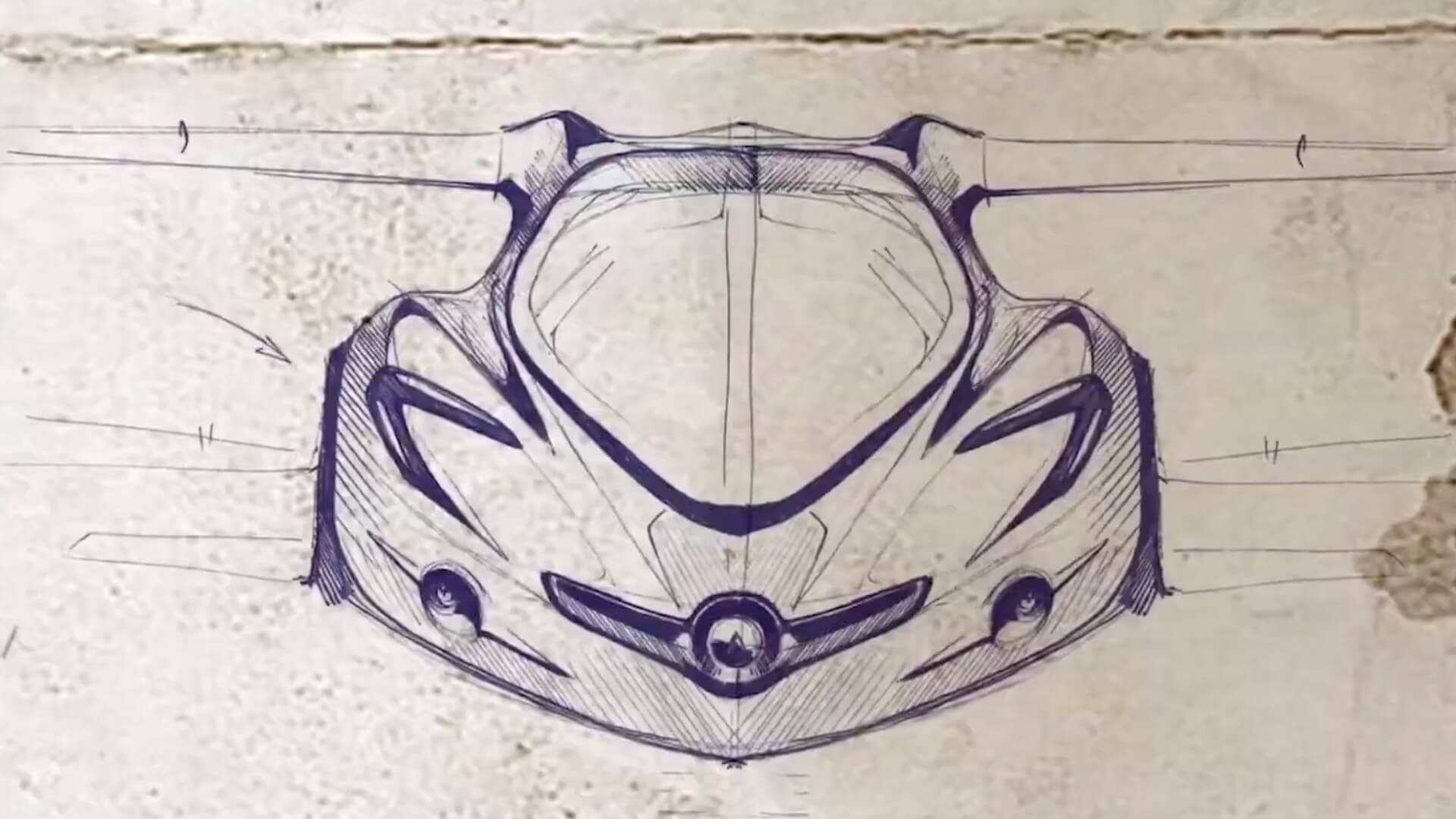 A pencil sketch of a futuristic car on textured paper.