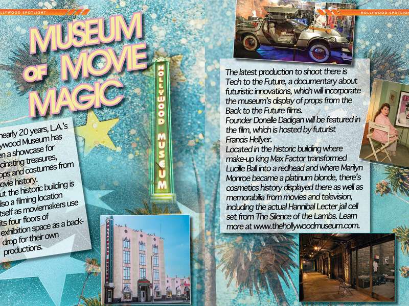The Hollywood Spotlight magazine spread, Museum of Movie Magic, with photographs of The Hollywood Museum, a DeLorean car and the museum’s founder. Opens the PDF.